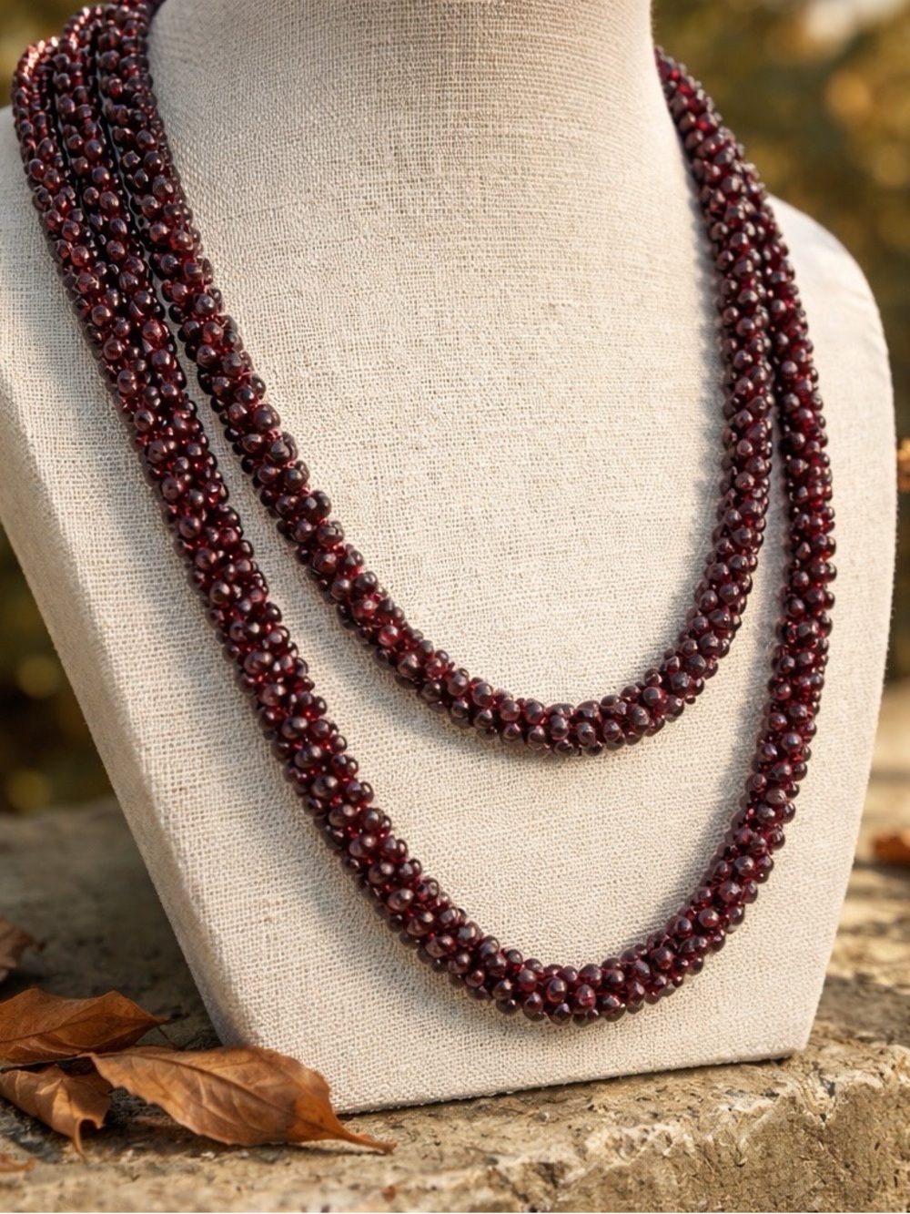 Vintage Garnet Cluster Rope Necklace 36” Cranberry Red Statement 120gr Bohemian